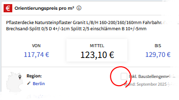 Regionaler Baupreis Preise mit oder ohne Baustelleneinrichtung