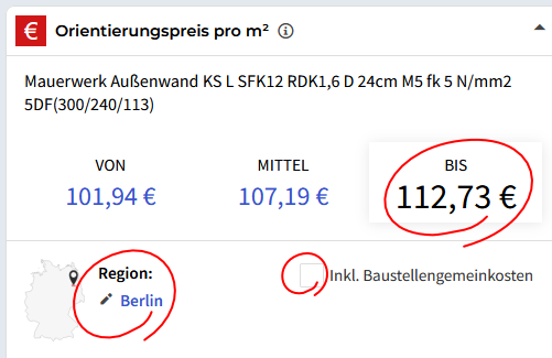 Orientierungspreis im Baupreislexikon