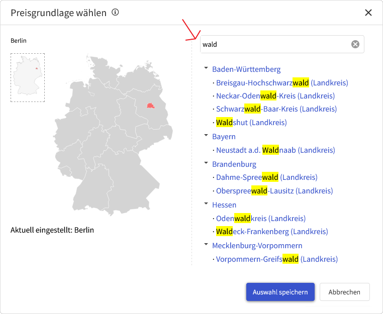 Preisgrundlage Region wählen