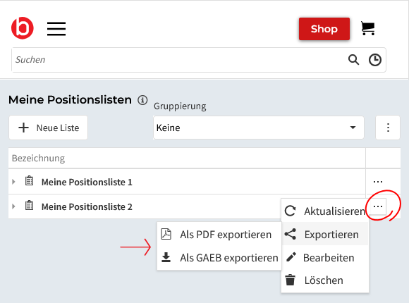 Positionsliste exportieren