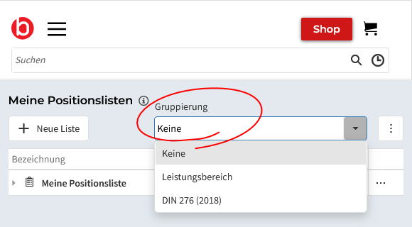 Positionsliste gruppieren